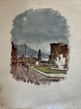 Signed Vintage Watercolor Cityscape Print in Blue and Brown, set of 2